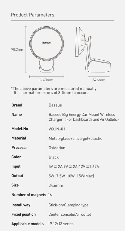 Baseus Car Mount Wireless Charger Magnetic Suction Dashboard Air Outlet Holder Wireless Charging for iPhone 12 13 Series