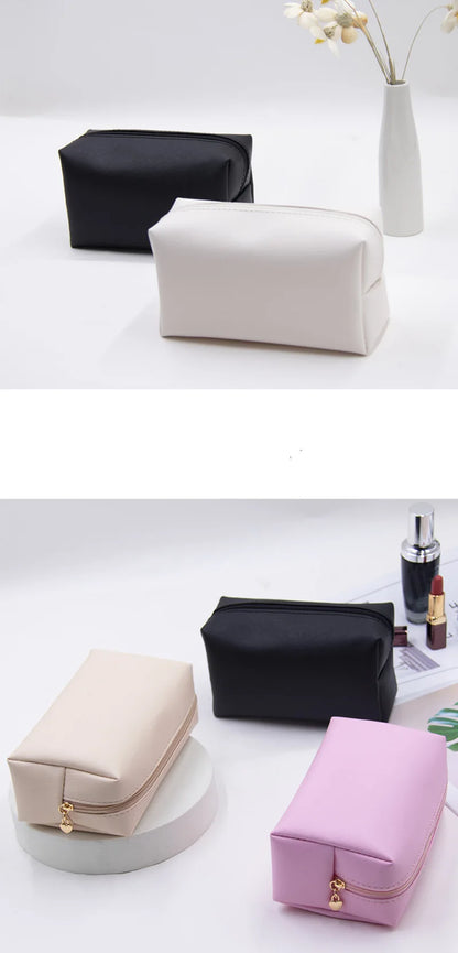 Women Cosmetic Bag Waterproof PU Leather Solid Color Makeup Pouch Travel Portable Wash Toiletry Storage Bag Organizer Purse 2025