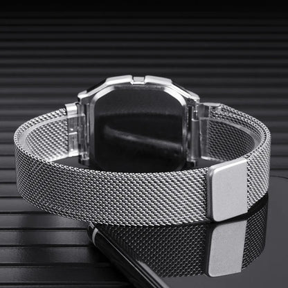 Simple Square LED Watch for Men Women Luxury Gold Men's Digital Watch Metal Mesh Strap Fashion Mens Electronic Watch Male Clock
