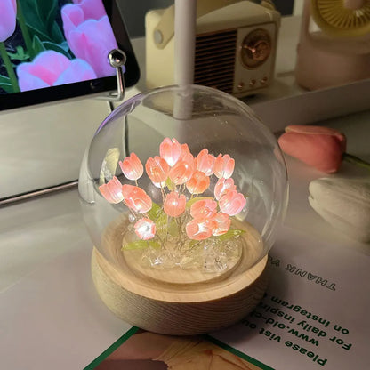 Artificial Tulip Flower Night Light Handmade DIY Bedside Lamp LED Night Lamp Bedroom Decor Christmas Birthday Gifts Table Lamp