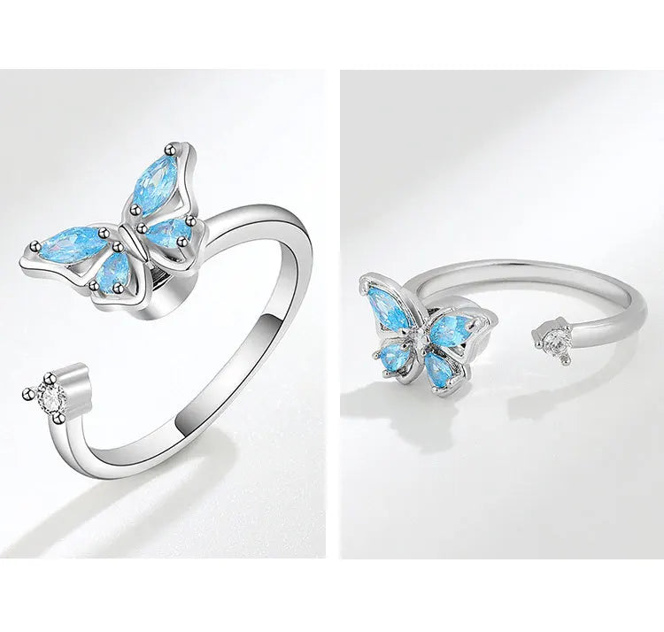 Blue Fidget Spinner Ring Anxiety for Women Multiple Crystal Flower Butterfly Animal Ring Rotate To Anti Stress for Wedding Party