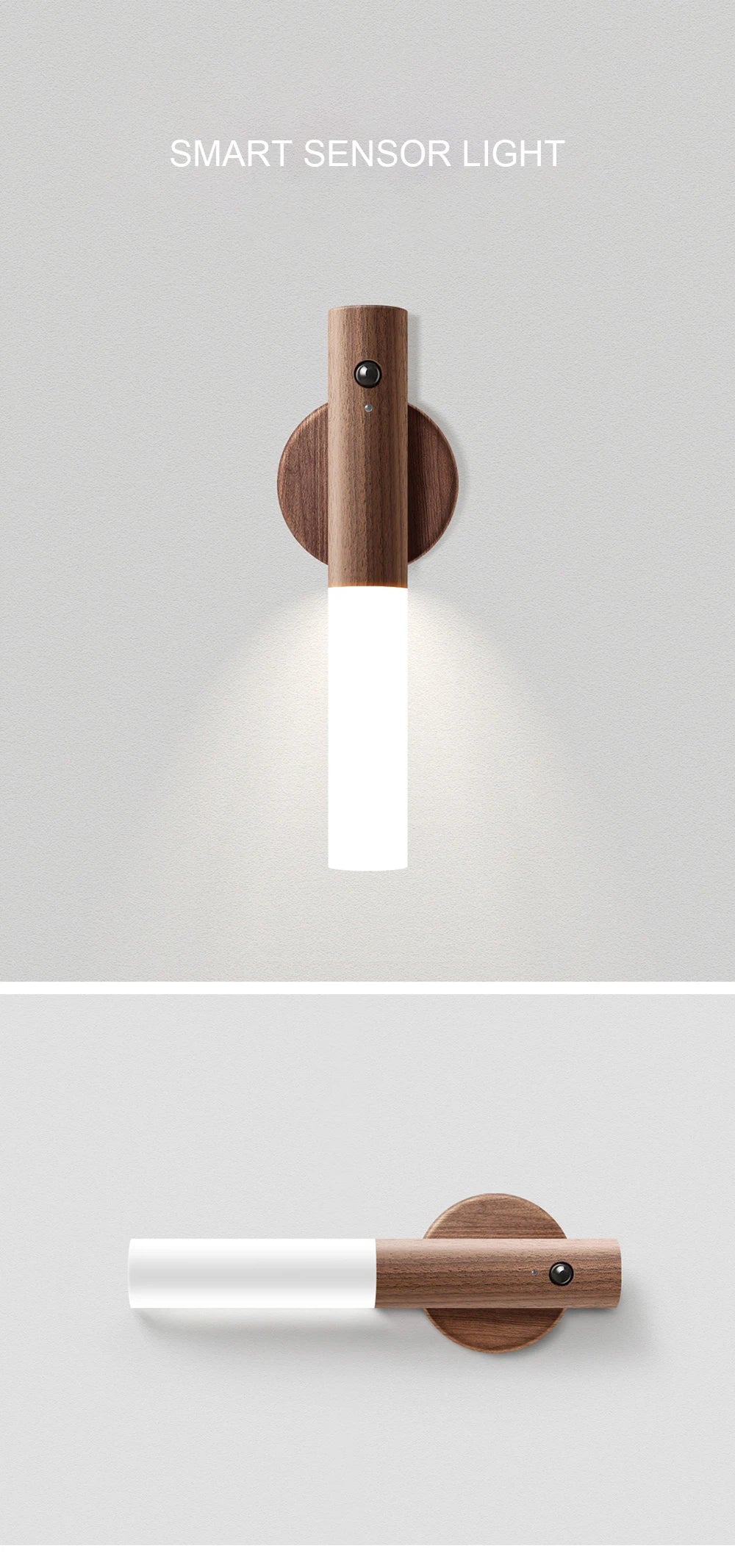 Luz LED de pared portátil e inteligente para interiores, luz nocturna para pasillo, carga USB, sensor de movimiento con grano de madera, activación por inducción