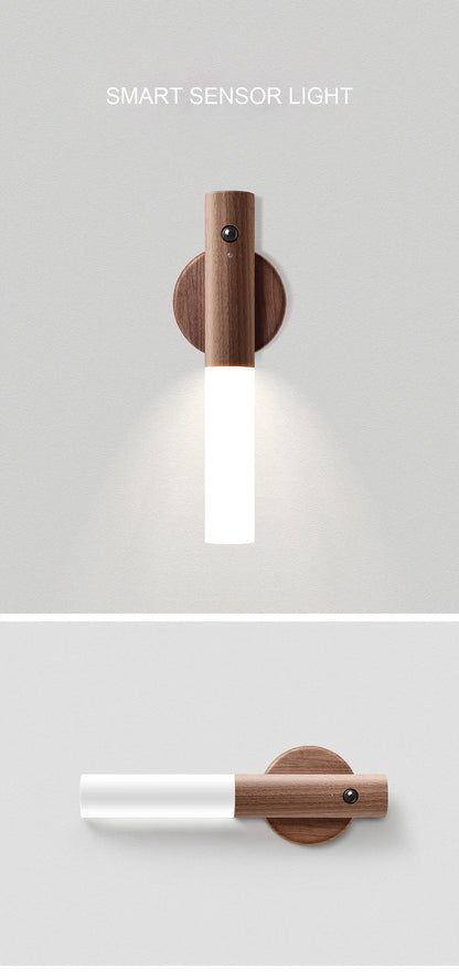 Luz LED de pared portátil e inteligente para interiores, luz nocturna para pasillo, carga USB, sensor de movimiento con grano de madera, activación por inducción