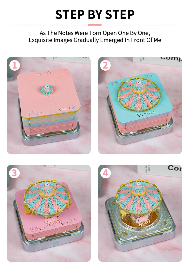 3D Calendar 2025 Memo Pad Omoshiroi Block Carousel Blue Notepad Artistic 3D Paper Art Sculpture Model Desk Ornaments Novel Gift
