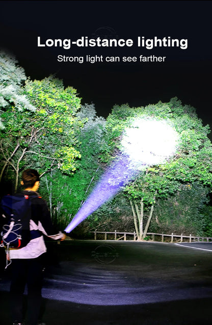 Linterna LED de alta potencia XHP 120, linterna con batería 18650 26650, recargable por USB, con zoom, para emergencias, acampadas al aire libre y pesca