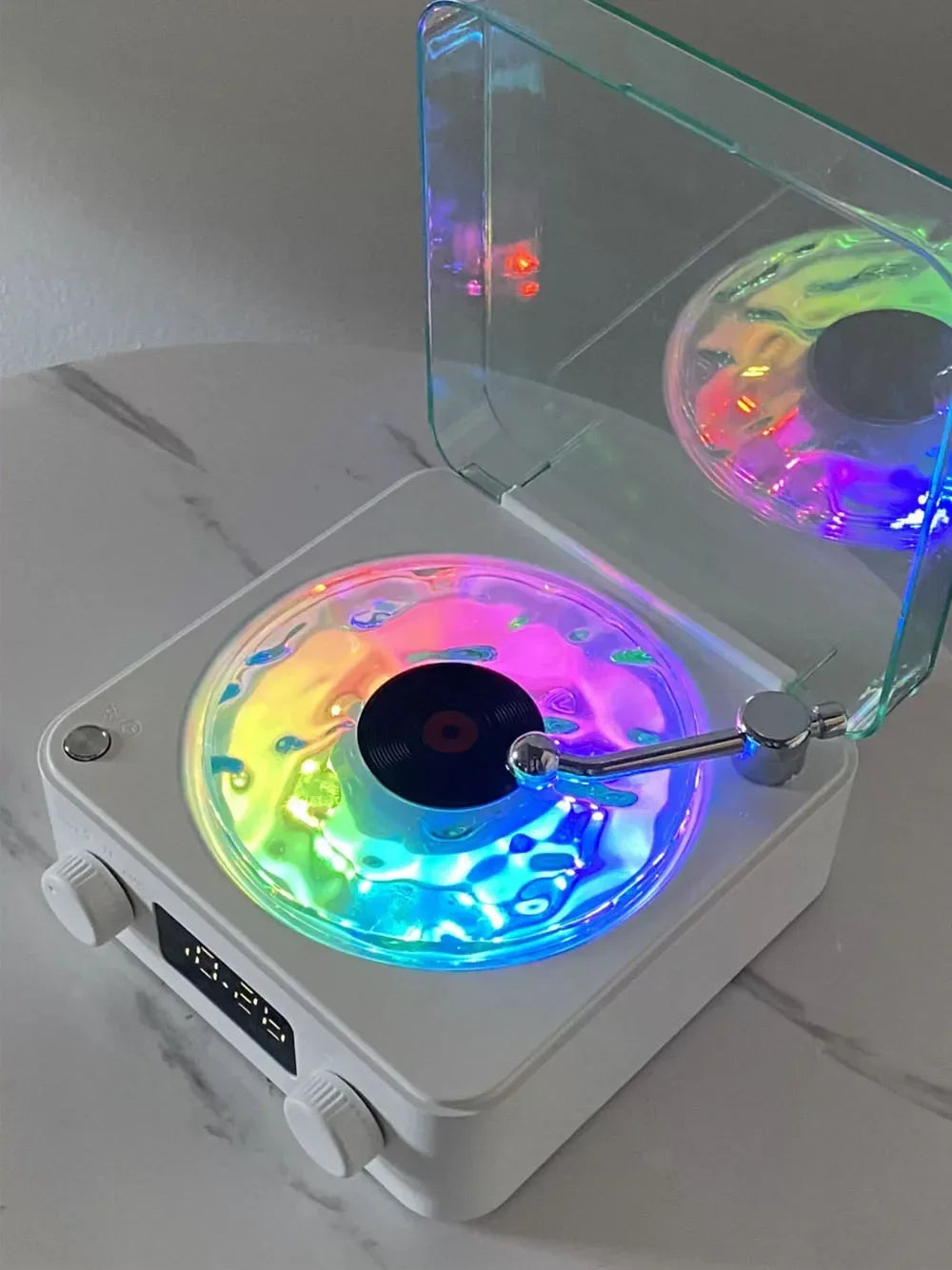 Haut-parleur Bluetooth Waves Vinyl Player avec bruit blanc, haut-parleur rétro pour platine vinyle, aide au sommeil, haut-parleur en forme de Vitrola avec lumière RVB