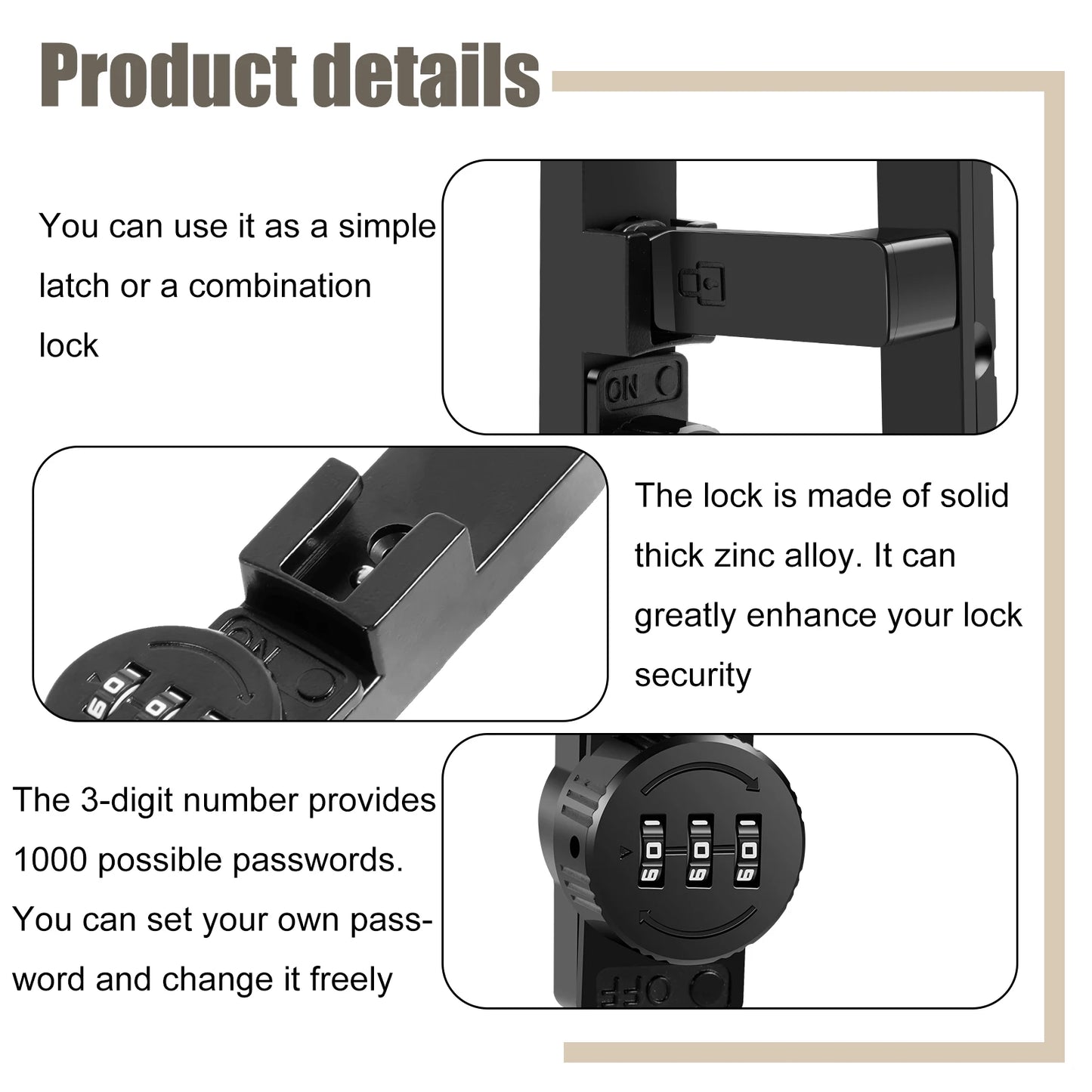 Password Sliding Door Lock 90/180 Degree Flip Combination Cabinet Locks Barn Door Lock Latch for Small Doors Storage Room Garage