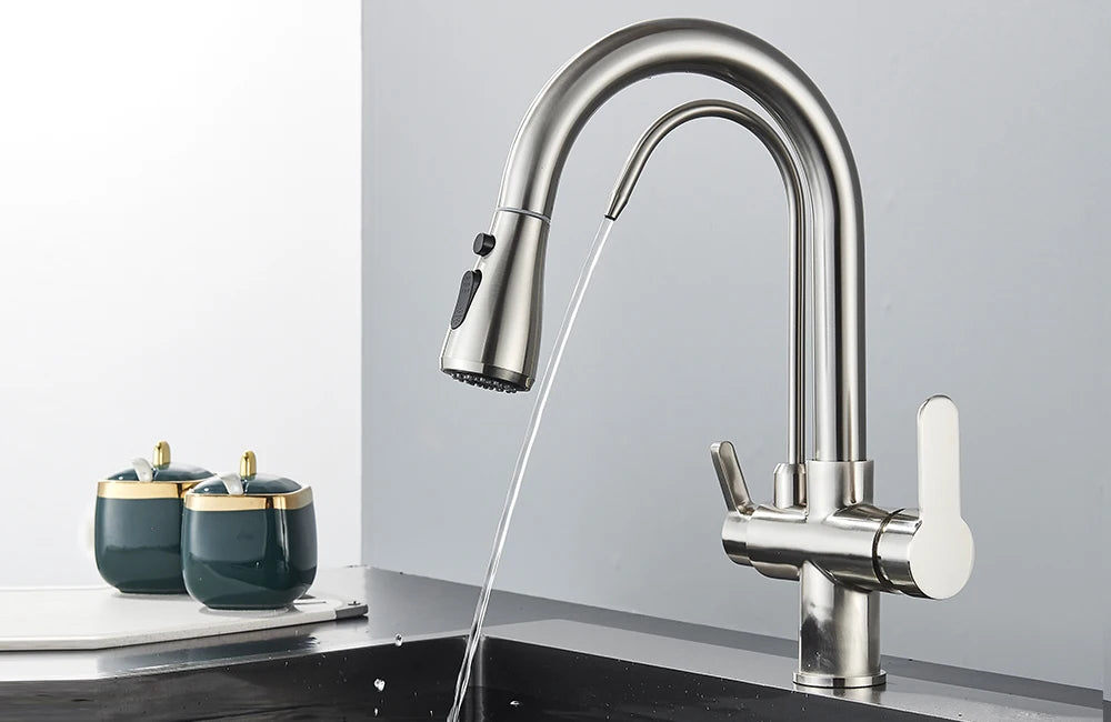 Grifo de cocina con filtro negro extraíble con rotación de 360 ​​grados y grifo mezclador de fregadero de tres vías