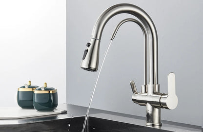 Grifo de cocina con filtro negro extraíble con rotación de 360 ​​grados y grifo mezclador de fregadero de tres vías
