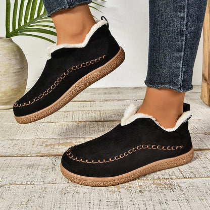 2024 New Hot Sale Suede Leather Ankle Boots Women Round Toe Thicken Fuzzy Snow Boots Comfortable Flat Anti-Slip Booties Mujer