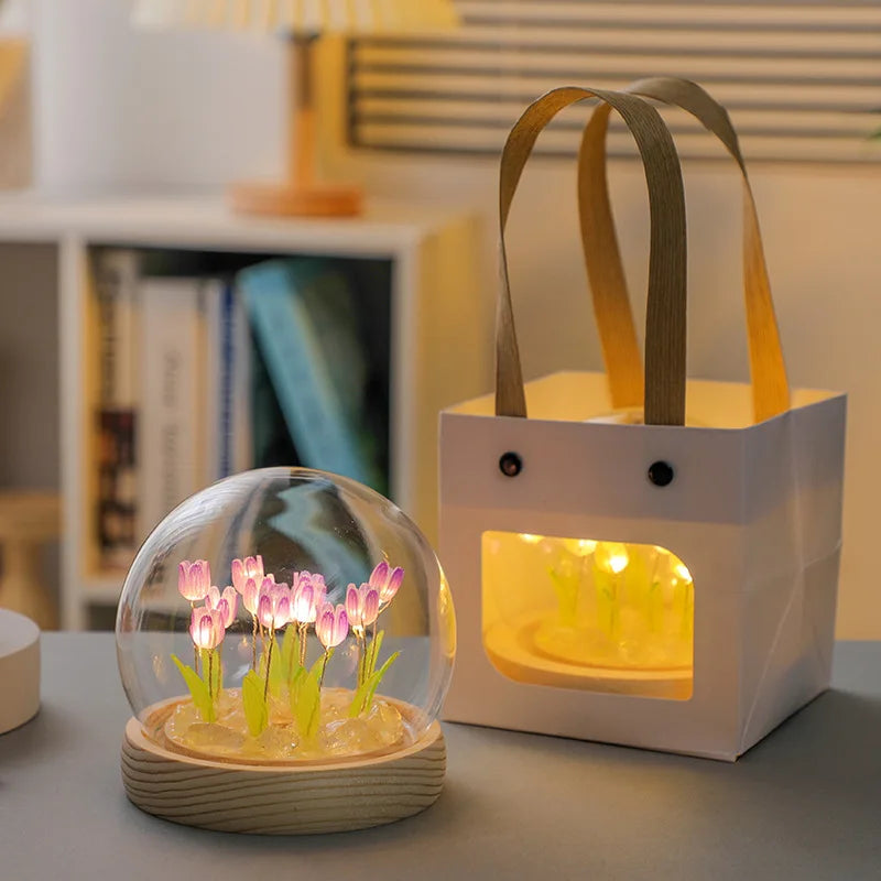 Artificial Tulip Flower Night Light Handmade DIY Bedside Lamp LED Night Lamp Bedroom Decor Christmas Birthday Gifts Table Lamp