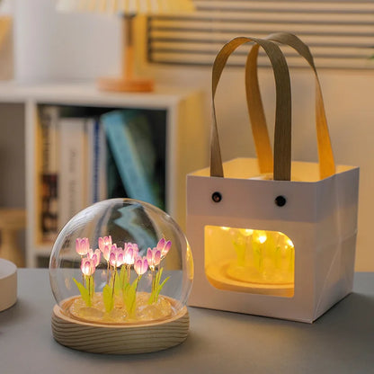 Artificial Tulip Flower Night Light Handmade DIY Bedside Lamp LED Night Lamp Bedroom Decor Christmas Birthday Gifts Table Lamp