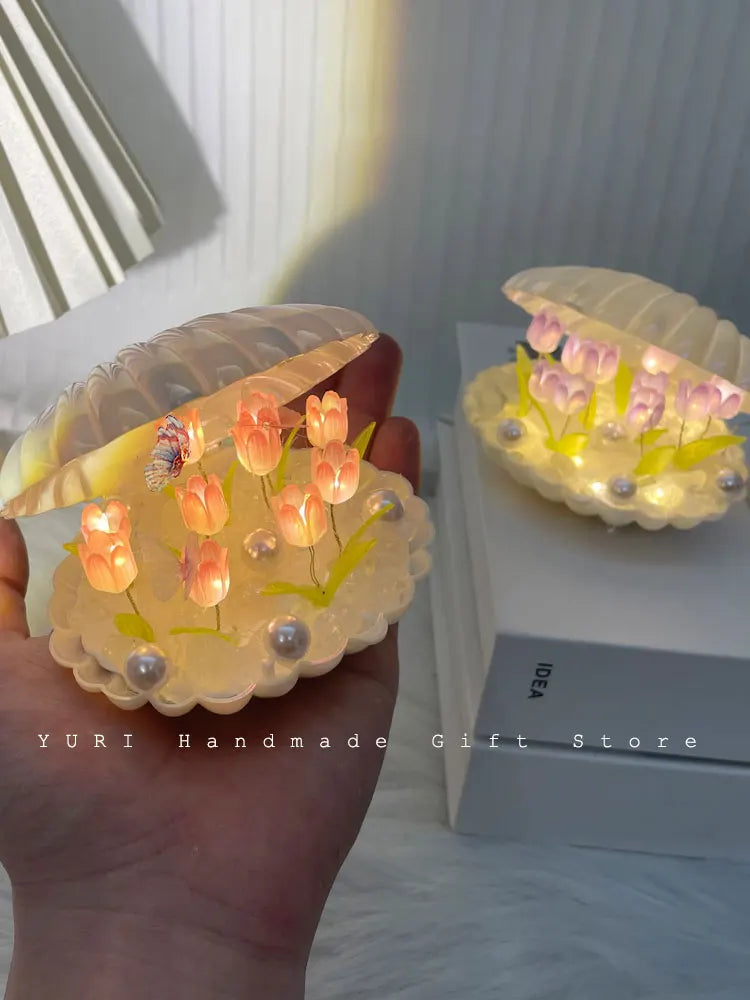 9 Flowers Shell Tulip Night Lamp Handmade Diy Home Decor Bedroom Atmosphere Light Girl Mother Girlfriend Valentine's Day