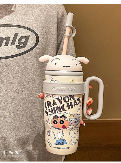 800Ml Crayon Shin-Chan 316 Stainless Steel Thermos Cup Cute Cartoon Doll Couple Water Cup Large Capacity Straw Cup Gift Toys
