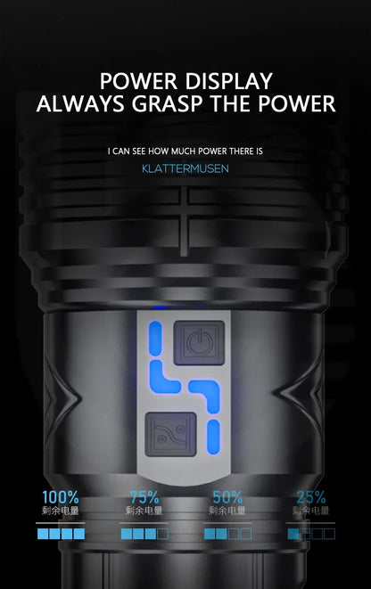 Linterna LED potente GT60 de 100 W, linterna táctica de largo alcance con pantalla de potencia, linterna con zoom recargable por USB para acampar al aire libre
