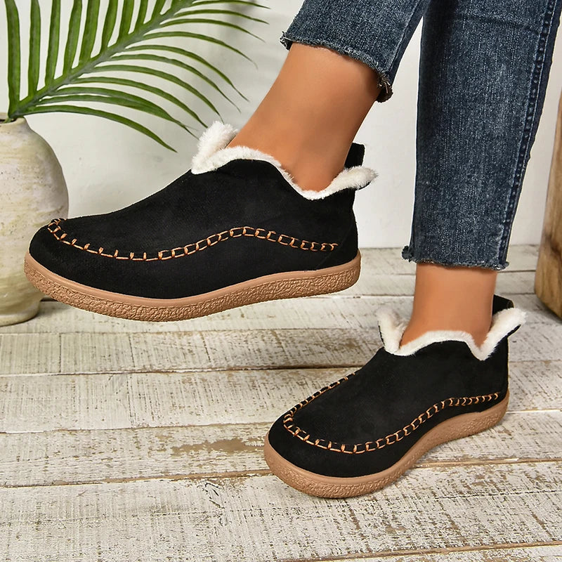 2024 New Hot Sale Suede Leather Ankle Boots Women Round Toe Thicken Fuzzy Snow Boots Comfortable Flat Anti-Slip Booties Mujer