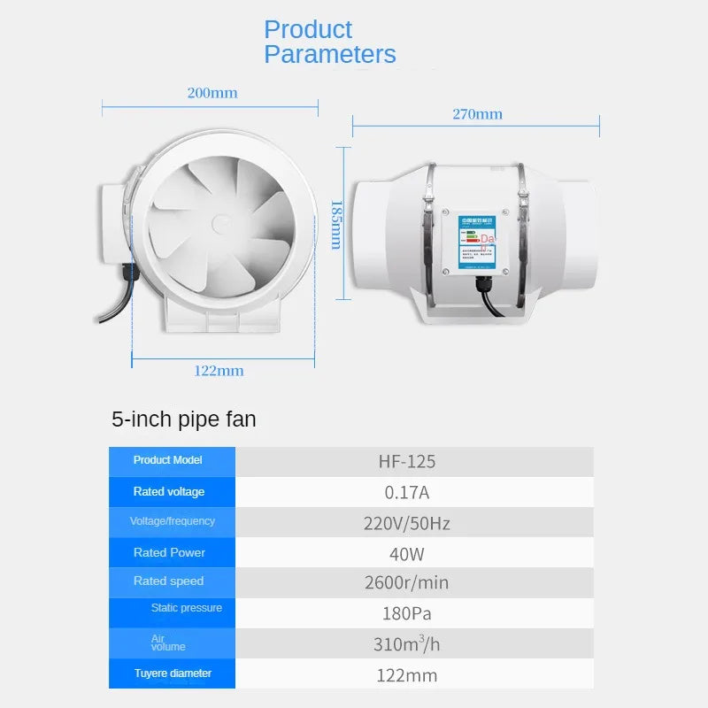 4/5/6 inch 110-220V Exhaust Fan Home Silent Inline Pipe Duct Fan Bathroom Extractor Ventilation Kitchen Toilet Wall Ventilator
