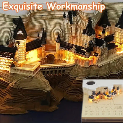 2025 3D Castle Paper Sculpture Desk Calendar Magic Castle Memo Pad Tear-Away Notepad DIY Craft Gifts for Home Office School