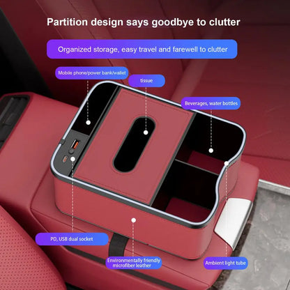 Auto Armrest Box Storage Box With Cup Holder Tissue Box USB Rechargeable Car Arm Rest Box Storage Organizer With Ambient Light