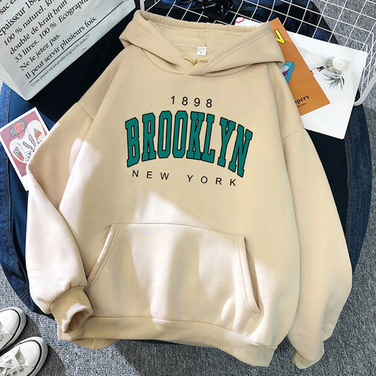 Sudadera con capucha estampada de Brooklyn New York para mujer, sudadera con capucha de vellón a la moda, ropa de calle holgada, jersey creativo para mujer 1898