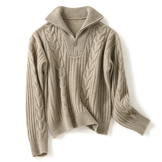 Thick Sweater Women High Quality100% Cashmere Warm Winter Long Sleeve Top Turn-down Collar Zipper Vintage Pullover