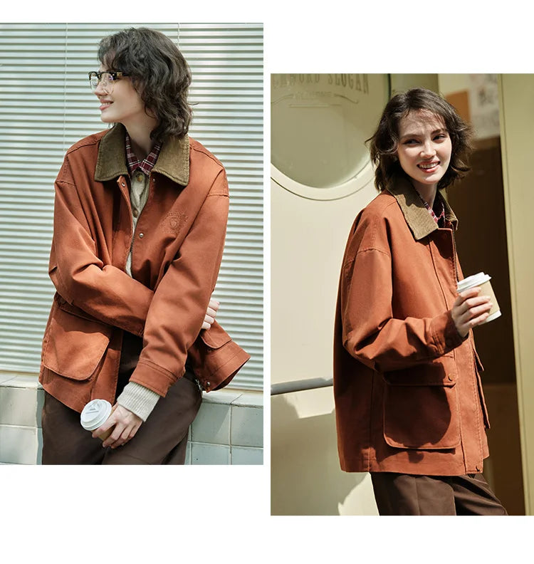 Semir Coat Women Medium Length Color-Blocking Corduroy Collar Retro 2024 New Autumn Embroidery Loose Fashion Jacket