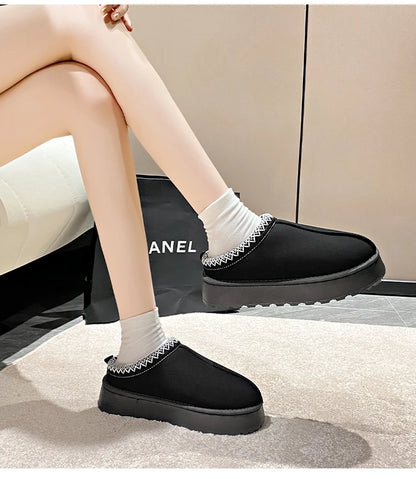 2024 Winter New Snow Boots for Women Cashmere Warm Thick Soles Without Heel-covered Hair Half Slipper Cotton Shoes for Women