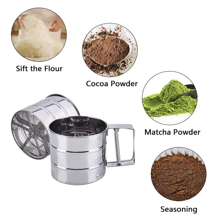 Stainless Steel Flour Sifter Powder Sieve Handheld Flour Sifter Powder Sieve Cup Double-Layer Hand Filter Powder Sieve Hand-Cran