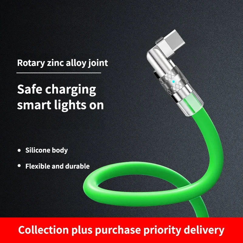 120W Usb Type C Fast Charge Cable 180 Degree Elbow Rotation Type C-Lightning Zinc Alloy Liquid Silicone Data Cable with Light