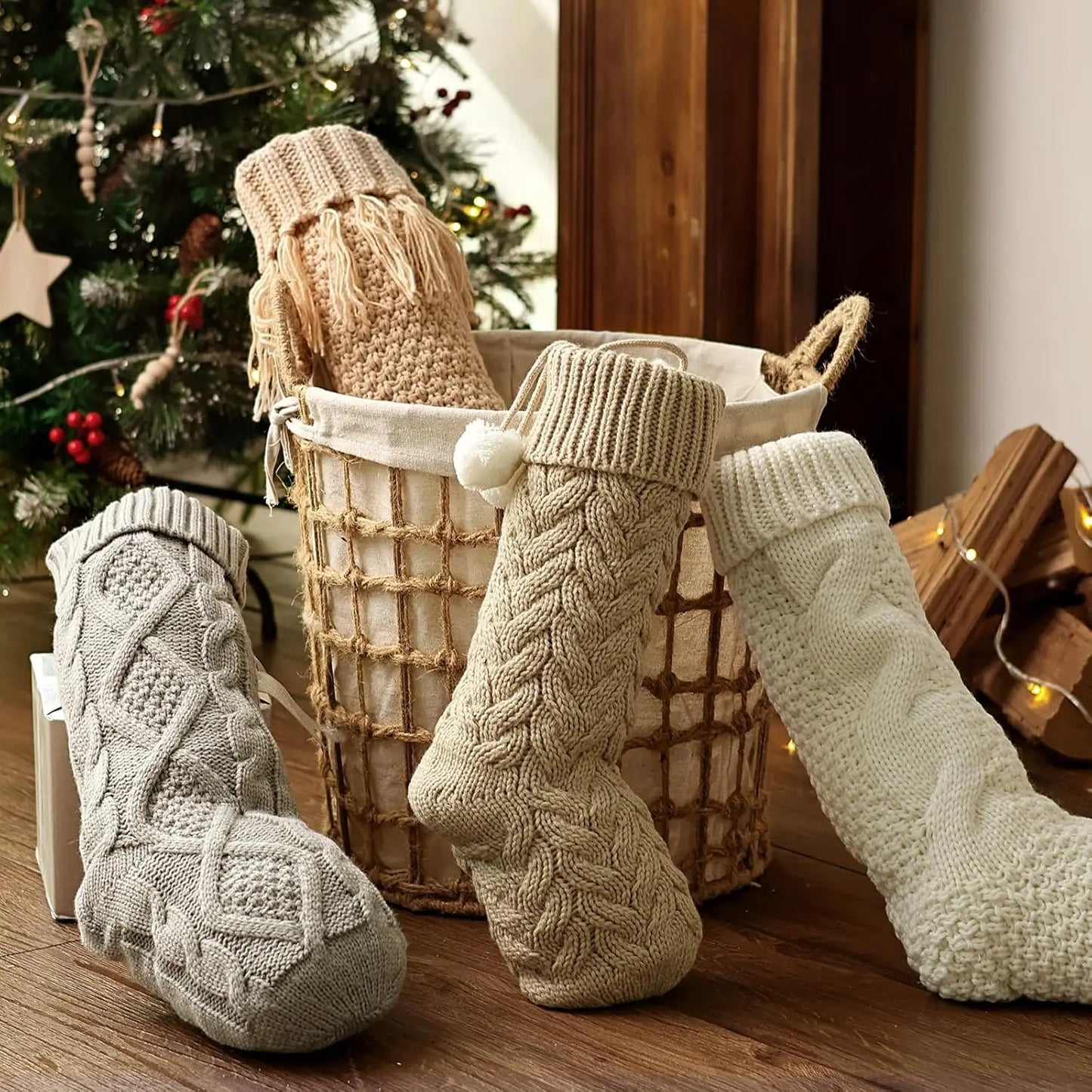 6-8PACK Christmas Stockings 18In Cable Knit Fireplace Stockings Rustic Hanging Xmas Stockings Farmhouse Boho Decorations Family