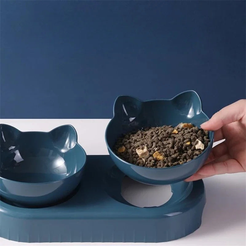Triple Cat Bowls Pet Feeder, 2-in-1 Double Bowls with Automatic Drinking Bottle, Tilted and Rotatable Design for Cats and Dogs