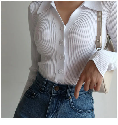 AOSSVIAO 2024 Ladies Buttons Sexy V Neck Long Sleeve POLO Neck Knit Cardigan Sweater Women Lapel Slim Tops