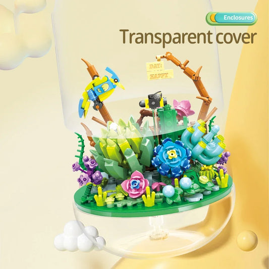 Succulent Plant Potted Building Blocks Insect Flower Model Bricks Set With Dust Cover Children's Educational Toys Adult Gifts