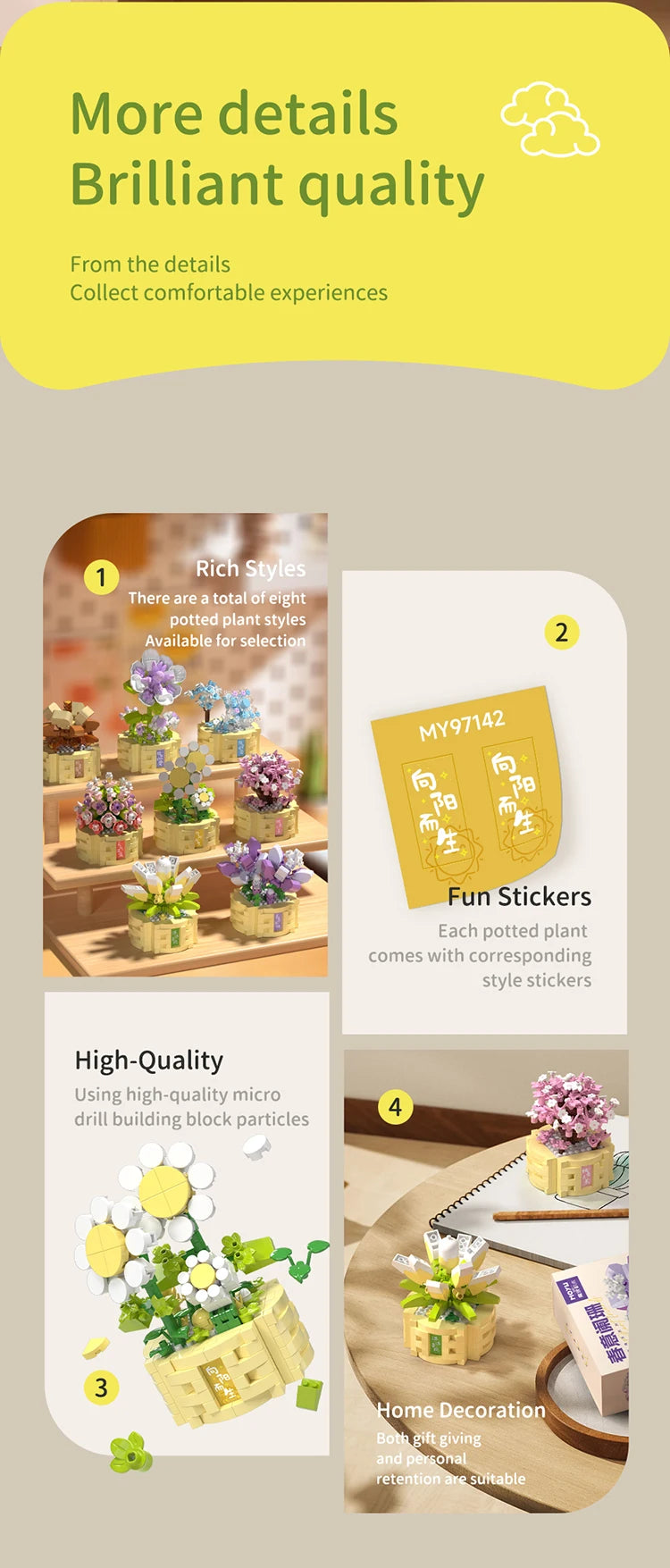Potted Flower Basket Building Blocks Creative Bonsai Plant Bouquet Model Bricks Diy Home Decoration Kids Toy Girls Holiday Gifts