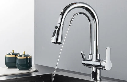 Grifo de cocina con filtro negro extraíble con rotación de 360 ​​grados y grifo mezclador de fregadero de tres vías
