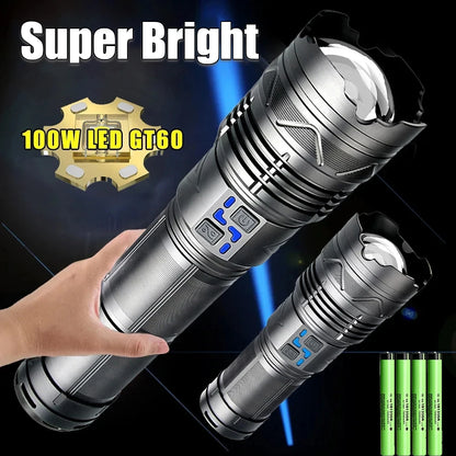 Linterna LED potente GT60 de 100 W, linterna táctica de largo alcance con pantalla de potencia, linterna con zoom recargable por USB para acampar al aire libre