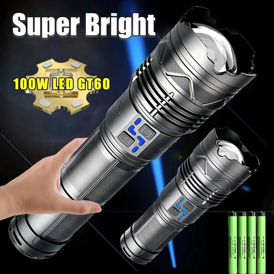 Lampe de poche LED puissante 100 W GT60, lampe de poche tactique longue portée avec affichage de puissance, torche zoom rechargeable USB pour camping en plein air