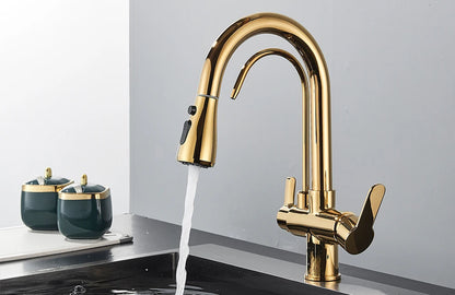 Grifo de cocina con filtro negro extraíble con rotación de 360 ​​grados y grifo mezclador de fregadero de tres vías