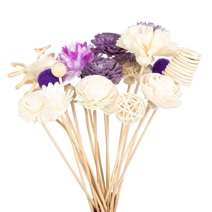 19 varillas de repuesto para difusor de aceite de ratán, hechas a mano, con flores de imitación moradas