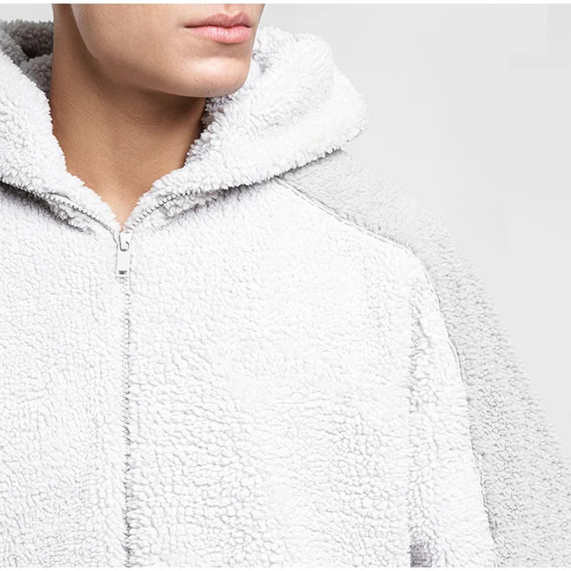 Manteau d'hiver en laine d'agneau pour homme, chaud, épais, mode décontractée, lettre brodée, capuche, ample, fermeture éclair, poche, veste en fausse peau de mouton