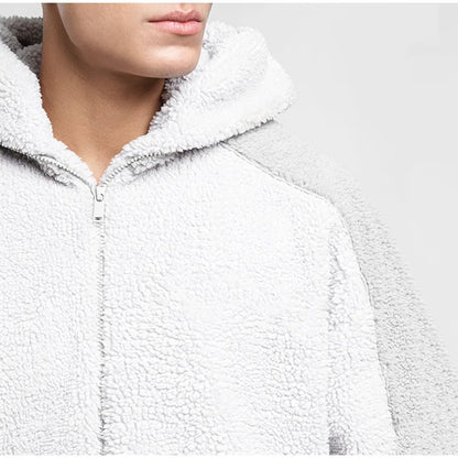 Manteau d'hiver en laine d'agneau pour homme, chaud, épais, mode décontractée, lettre brodée, capuche, ample, fermeture éclair, poche, veste en fausse peau de mouton