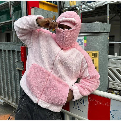 Autumn Winter Lamb Wool Fashion Loose Men's Jacket Contrast Patchwork Hooded Zipper Coat Plush Thicking Warm Couple Clothing