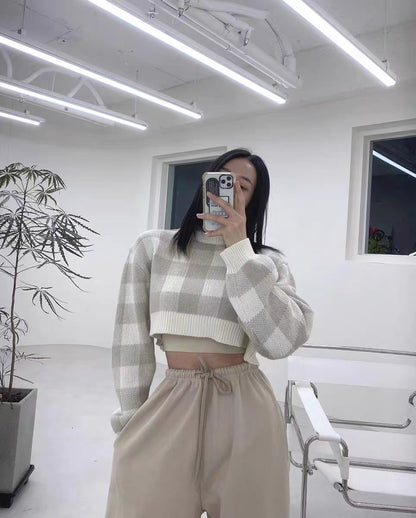 Pullovers Women Checkerboard Crop Knit Sweater Long Sleeve Crew Neck Box-fit Plaid Jumper Outfit