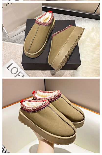 2024 Winter New Snow Boots for Women Cashmere Warm Thick Soles Without Heel-covered Hair Half Slipper Cotton Shoes for Women
