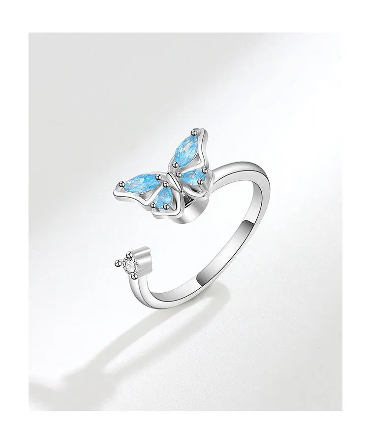 Blue Fidget Spinner Ring Anxiety for Women Multiple Crystal Flower Butterfly Animal Ring Rotate To Anti Stress for Wedding Party