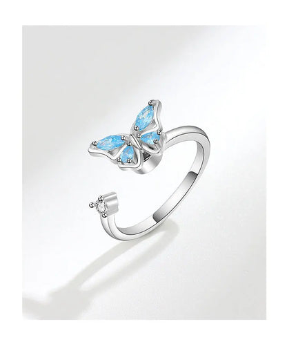 Blue Fidget Spinner Ring Anxiety for Women Multiple Crystal Flower Butterfly Animal Ring Rotate To Anti Stress for Wedding Party