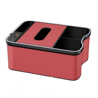 Car Console Side Organizer Car Armrest Tray Car Armrest Storage Box with Charging Ports Multi-mode Led Lights for Capacity