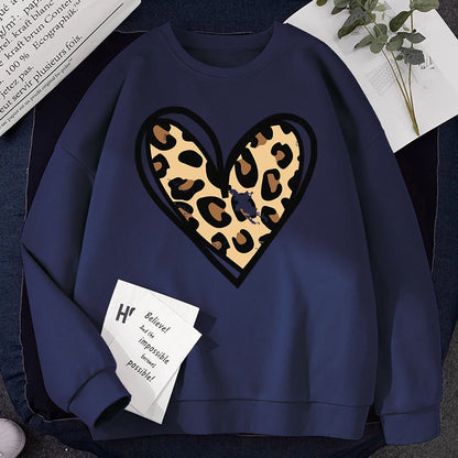 Sweat-shirt d'hiver Harajuku pour femme, imprimé léopard incomplet, imprimé cœur, sweat à capuche, chaud, col ras du cou, polaire confortable