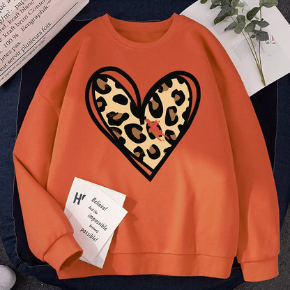 Sweat-shirt d'hiver Harajuku pour femme, imprimé léopard incomplet, imprimé cœur, sweat à capuche, chaud, col ras du cou, polaire confortable