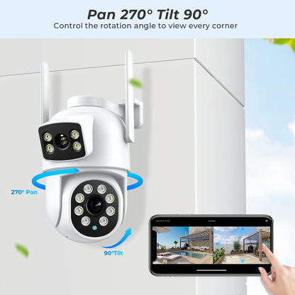 Cámara BESDER 4K 8MP Wifi PTZ para exteriores con pantallas duales, detección humana, lentes duales, protección de seguridad de 4MP, cámara IP, audio, aplicación iCSee